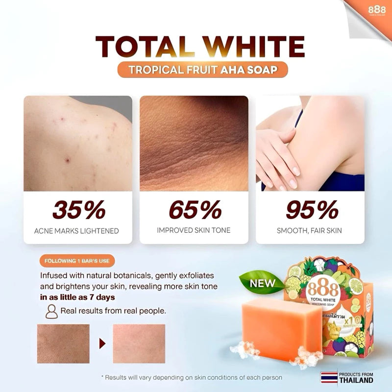 Advertisement for Total White Tropical Fruit AHA Soap with before-and-after skin condition images and product packaging.