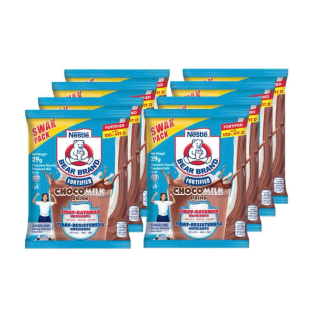 Multiple packages of Nestle Bear Brand Choco Milk Drink on a white background