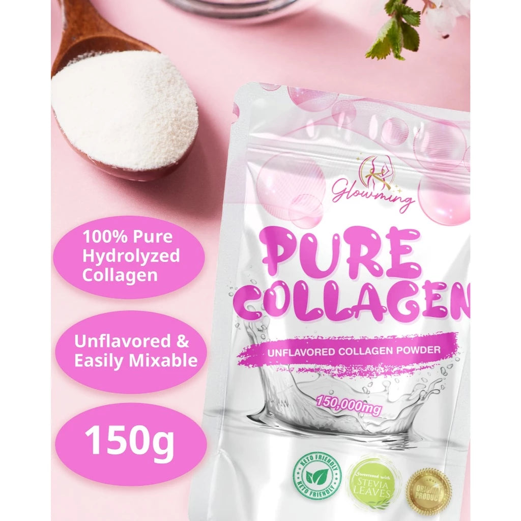 Package of pure collagen powder with a spoonful of powder on a pink background