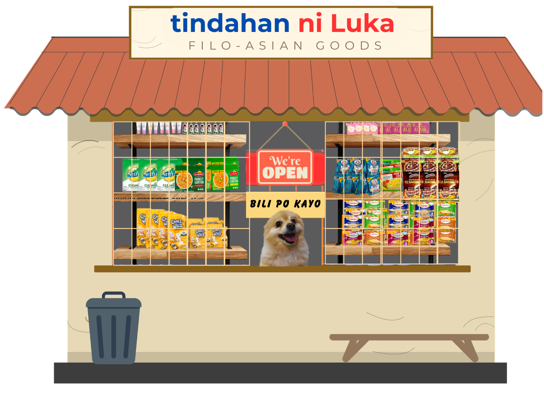 Illustration of a small store named 'tindahan ni Luka' with a dog behind the counter.