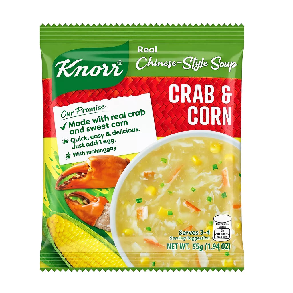 Knorr crab and corn soup package on a white background
