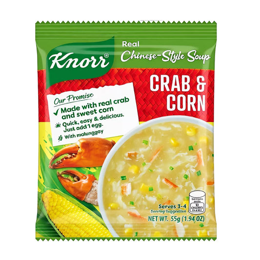 Knorr crab and corn soup package on a white background