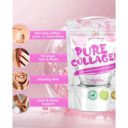 Pure Collagen powder packaging with pink background and health benefits listed.